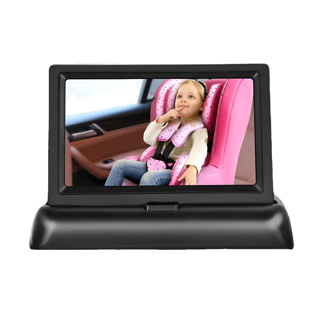 Black 4.3-inch folding car baby monitor screen with rear view camera on vehicle dashboard