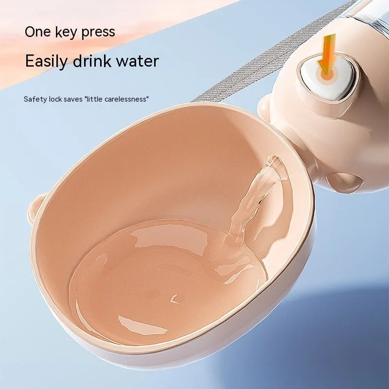 Portable dog water bottle and feeder bowl in PP plastic for outdoor travel, shown in yellow, pink, or brown.