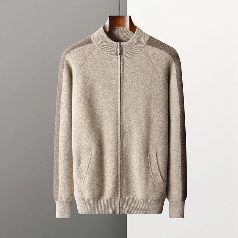 Men's camel cashmere blend half turtleneck zip cardigan and matching trousers sports suit