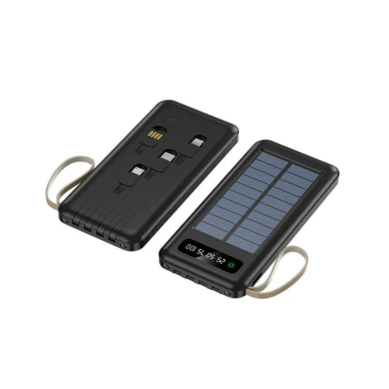 Solar power bank in black or white, showing its compact size and data cable.