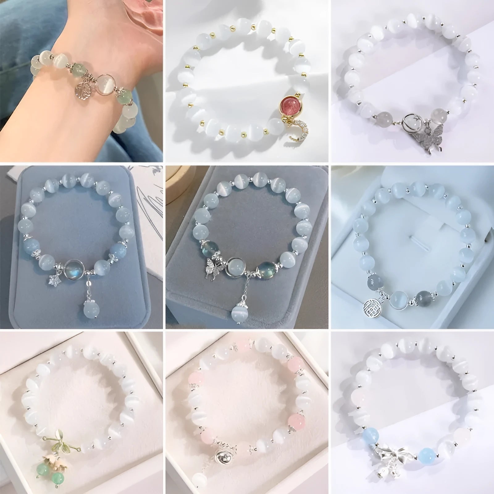 Women's opal cat's eye stone bracelet with diamond-shaped beads on wrist.