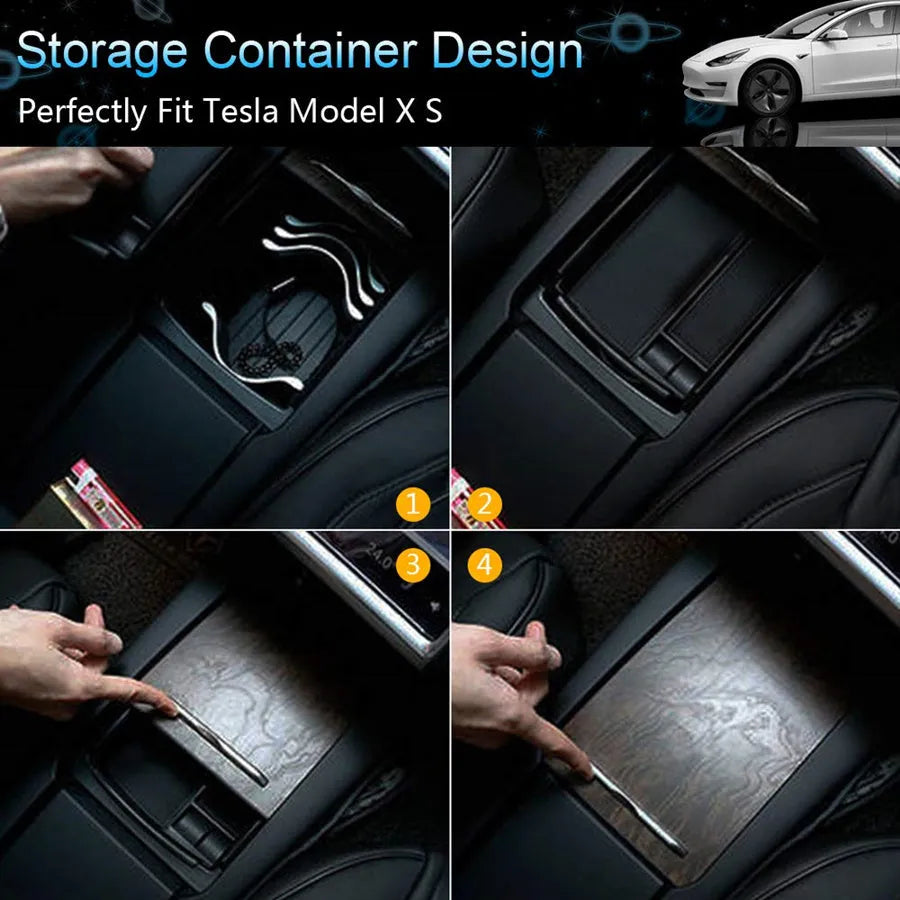 Black wireless charging storage box with Qi compatibility and ABS construction