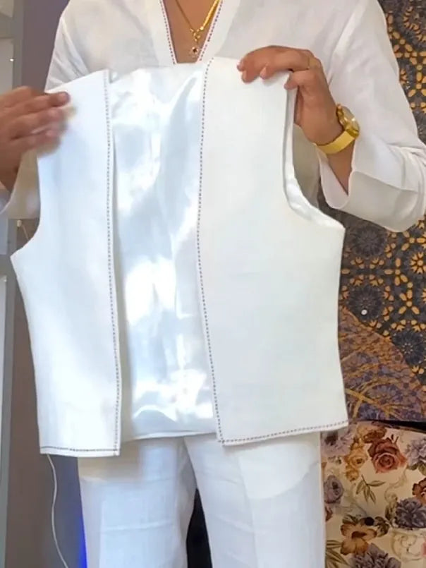 White polyester three-piece outfit set with V-neck shirt, sleeveless vest and trousers