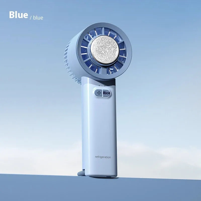 White handheld turbo fan with touch controls, showing compact duct design for personal cooling.