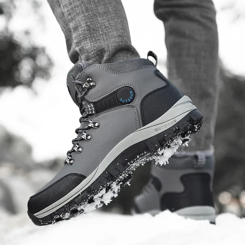 Men's winter snow boots with warm plush lining, lace-up synthetic leather upper, TPR sole, grey plus colour option