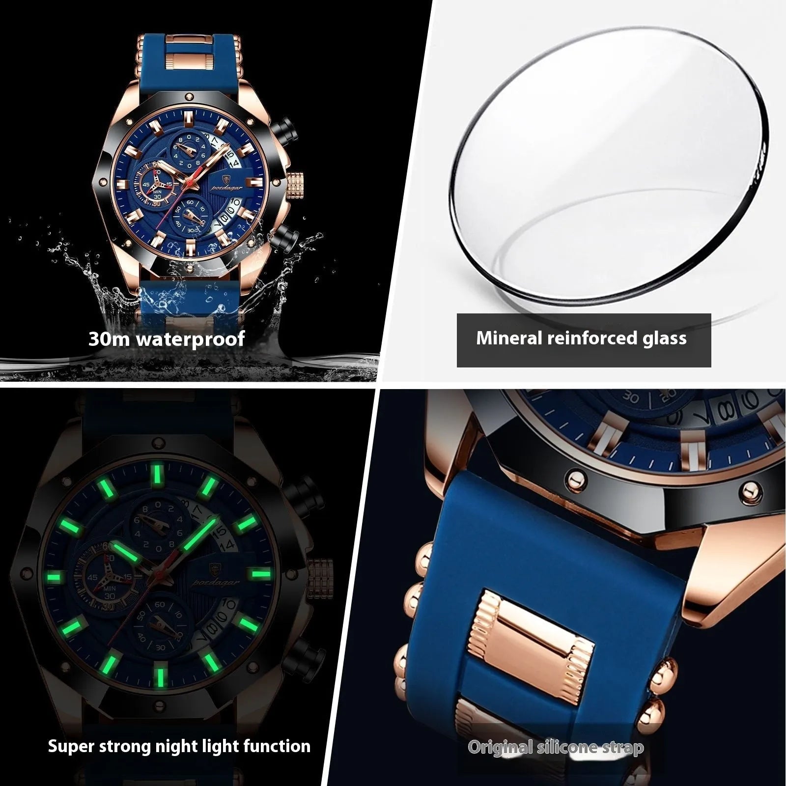 Men's chronograph watch with silicone strap and diamond-shaped dial