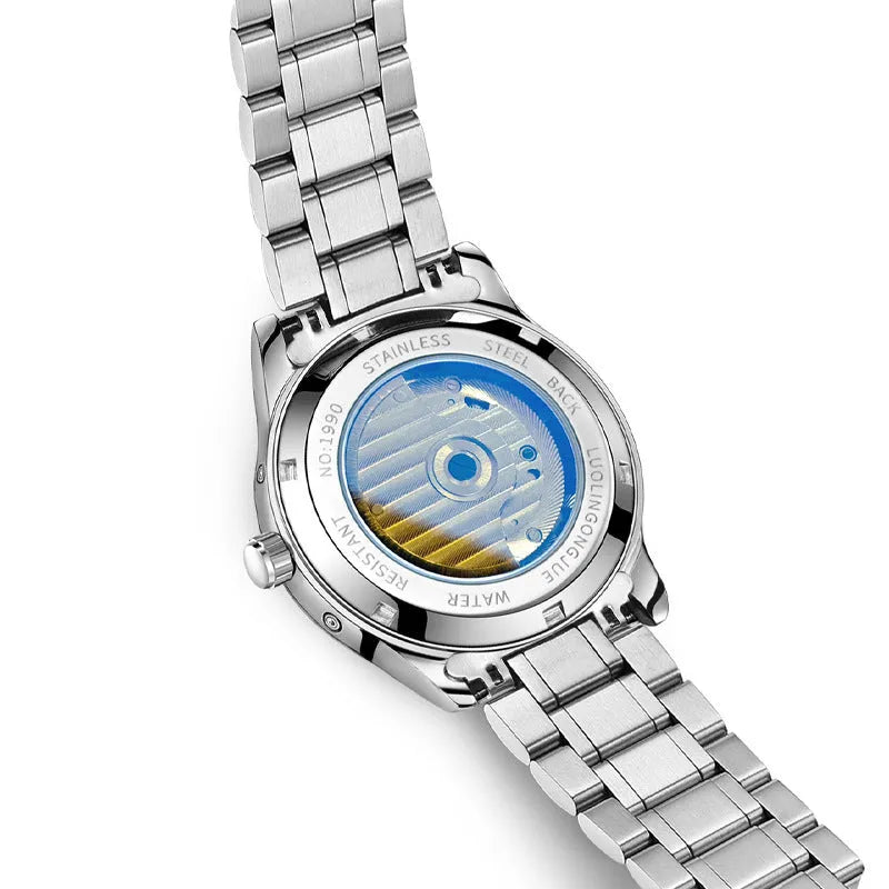 Men's stainless steel mechanical watch with hollow dial and leather strap.