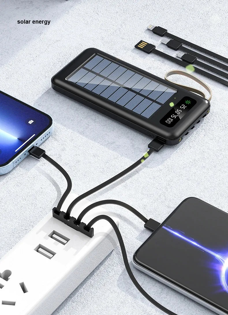 Solar power bank in black or white, showing its compact size and data cable.