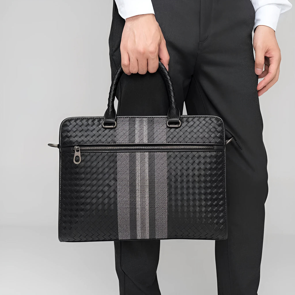 Men's stitching woven business casual briefcase in black PU leather with shoulder strap, solid colour design