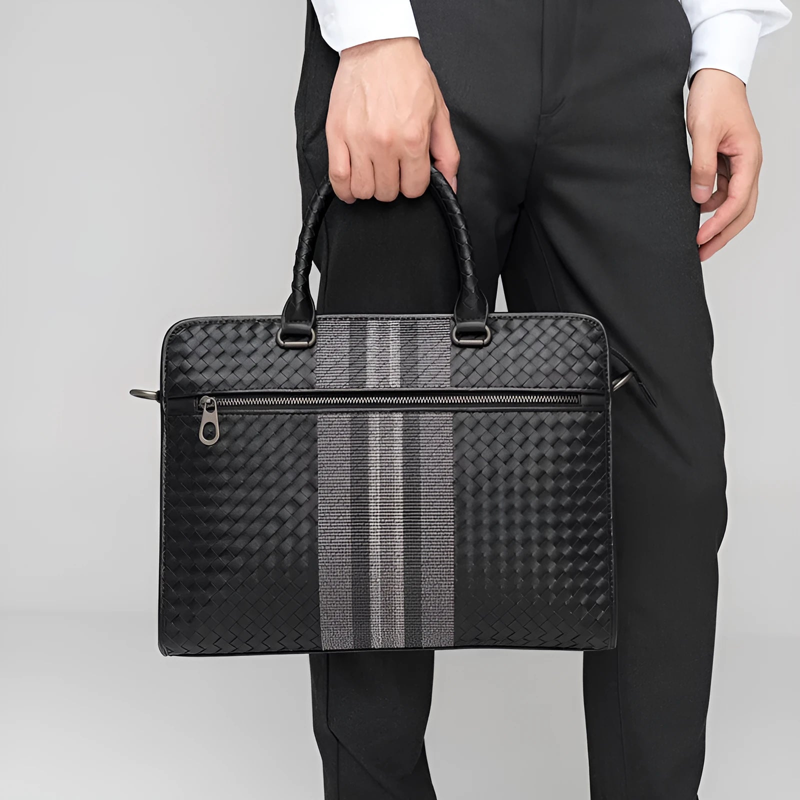 Men's stitching woven business casual briefcase in black PU leather with shoulder strap, solid colour design