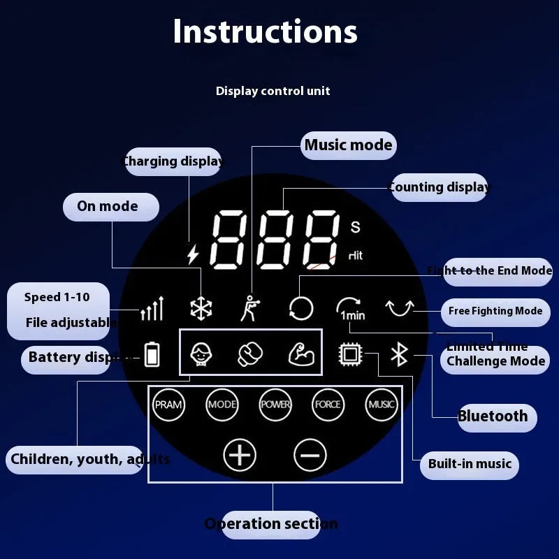 Electronic boxing wall target with music rhythm system showing dimensions and installation options