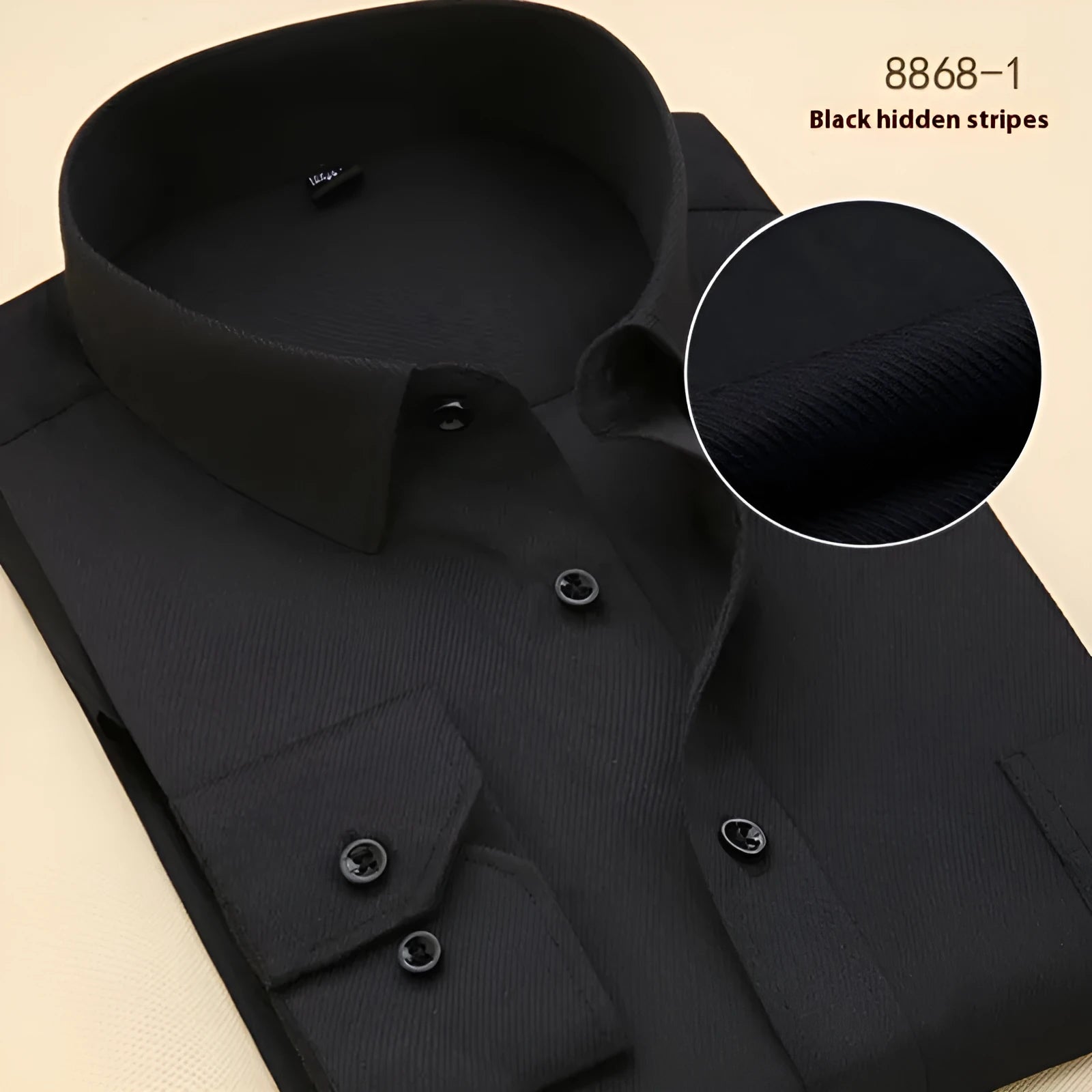 Men's black long-sleeve business slim-fit cotton shirt on a hanger