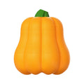 Pumpkin-coloured plastic molar dog chew toy with a blue rope attached on a white background.