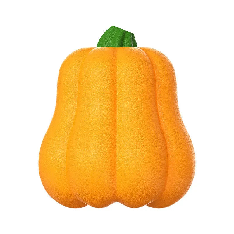 Pumpkin-coloured plastic molar dog chew toy with a blue rope attached on a white background.