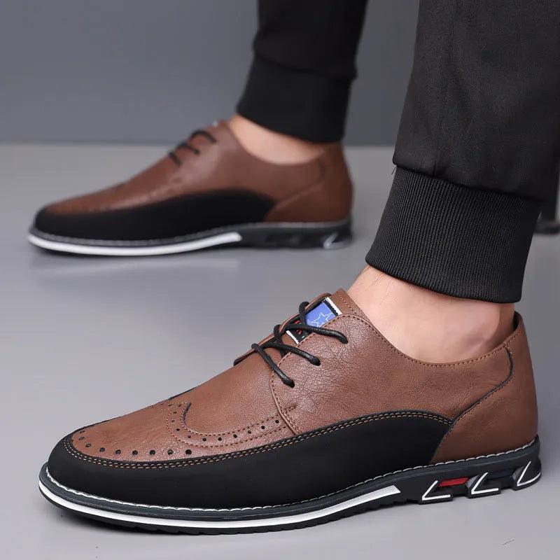 Men's leather casual shoes with rubber sole in black, grey, khaki and orange colours
