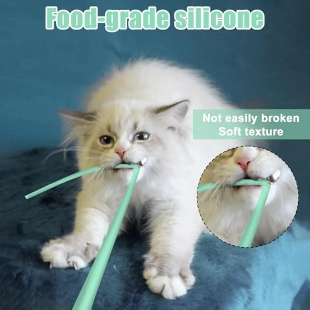 Green automatic electronic cat wand toy with swinging silicone tails on a 38cm wand.
