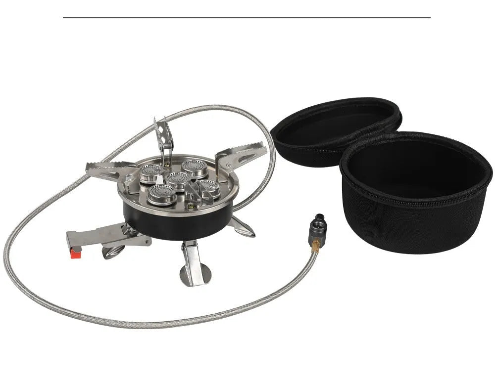 Silver portable stainless steel split camping stove shown with its 100cm fuel hose, folded to 155mm by 125mm.
