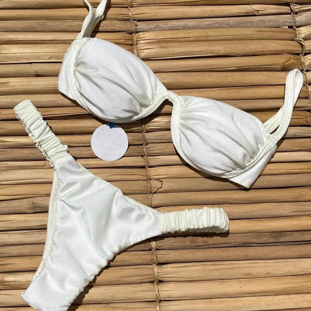 Women's underwire bikini swimsuit set in black, white, or khaki colours