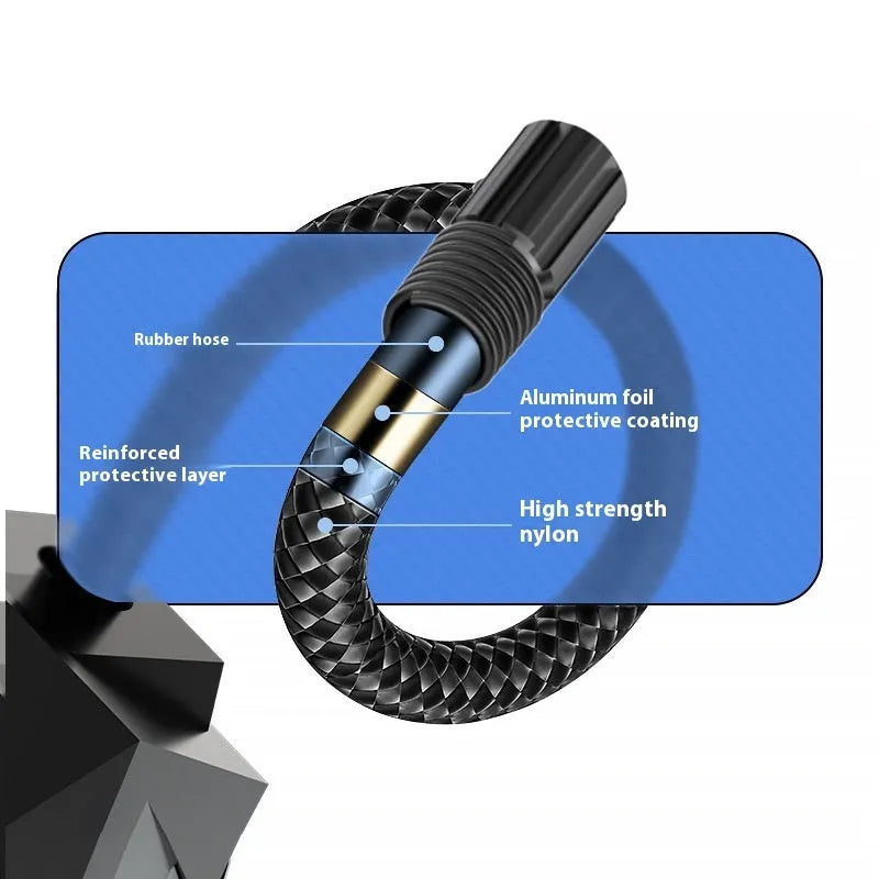 Black portable digital car tyre inflator with LED light and 12V power cable.