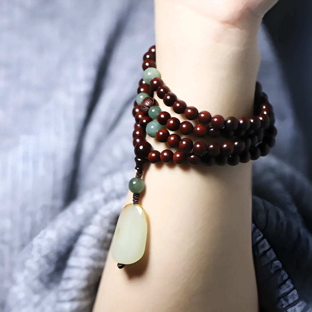 Rosewood bead bracelet with carved Hotian Jade pendant in national style design