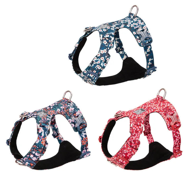 Floral pattern pure cotton dog harness chest strap in blue, green, or red, showing size range from XXS to XL.