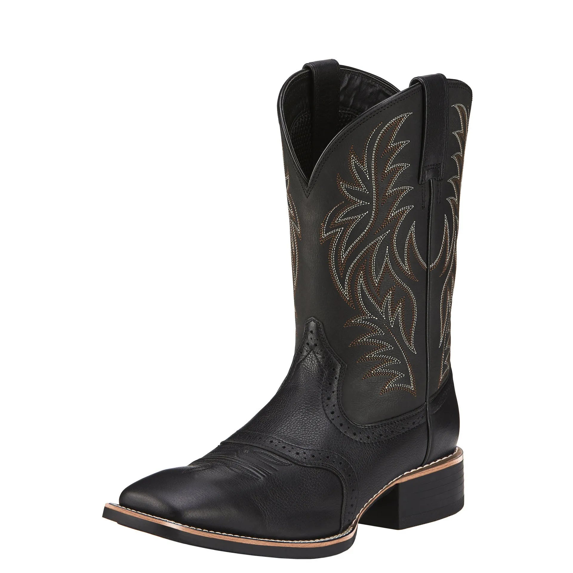 Men's black western cowboy boots with embroidery detail on a square toe and high shaft