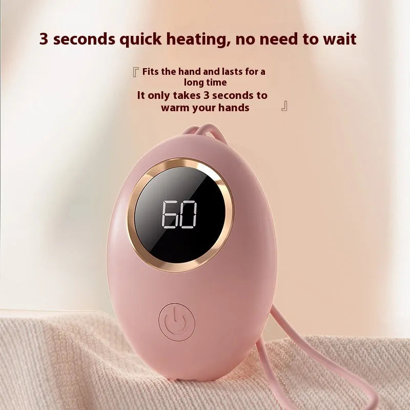 Compact USB digital display hand warmer in a choice of six colours, showing the heating pad and screen.
