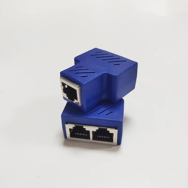 RJ45 network splitter adapter in multiple colours showing one-to-two Ethernet connection