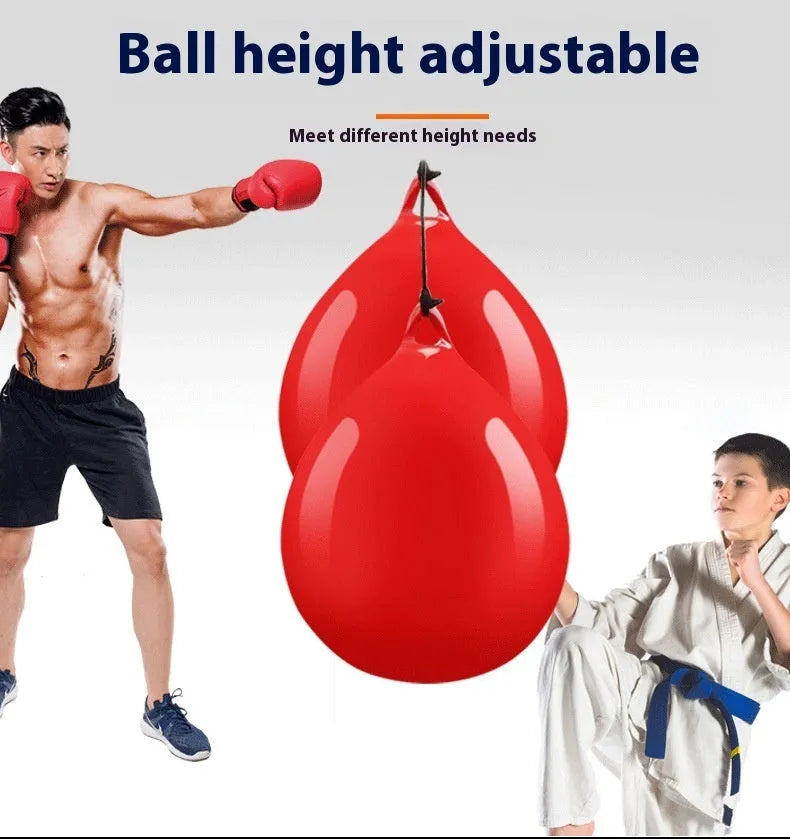 Red PVC water-filled boxing reaction ball with black hook rope sling for speed training.