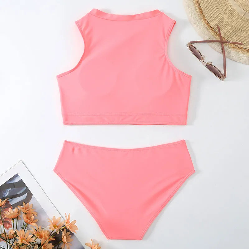 Pink high waist split bikini swimsuit with briefs style on mannequin showing European fit
