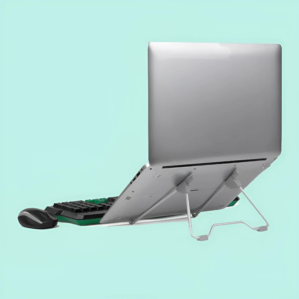 Grey aluminium alloy mobile phone and laptop stand on wooden desk