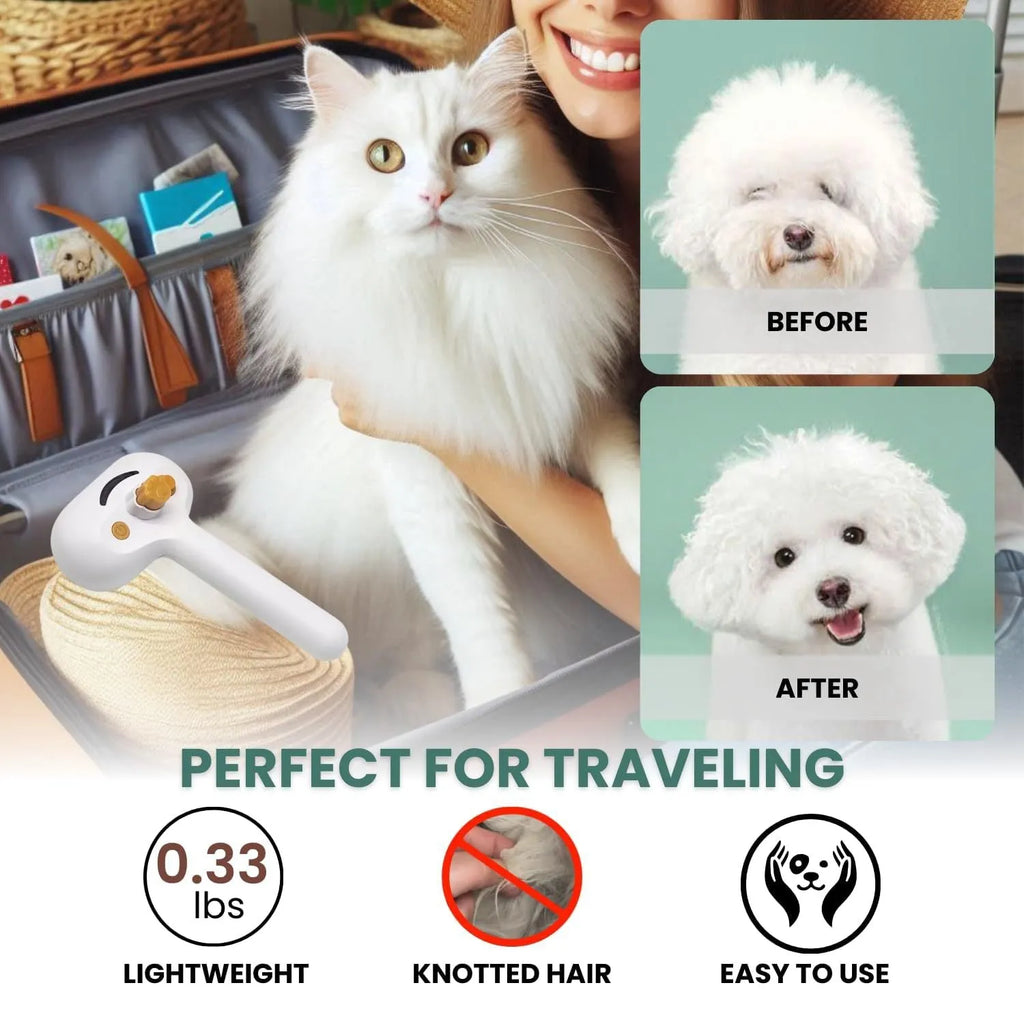 White pet grooming brush with water tank and gentle steel teeth for dogs and cats.