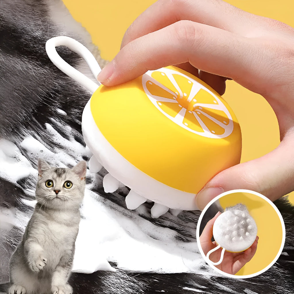 Yellow silicone pet bath brush with soft bristles for dog and cat grooming during bathing