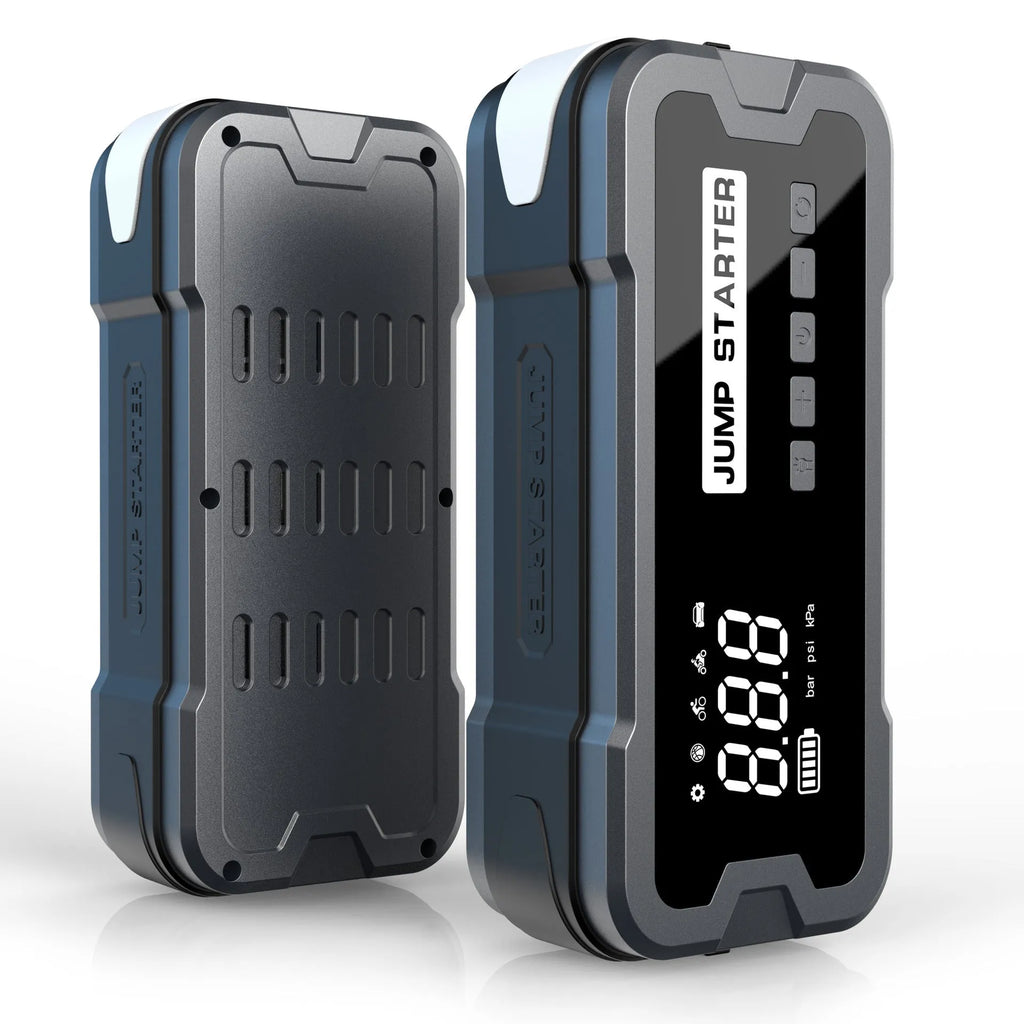 CY53 car emergency jump starter power bank unit with LCD display and LED lights.