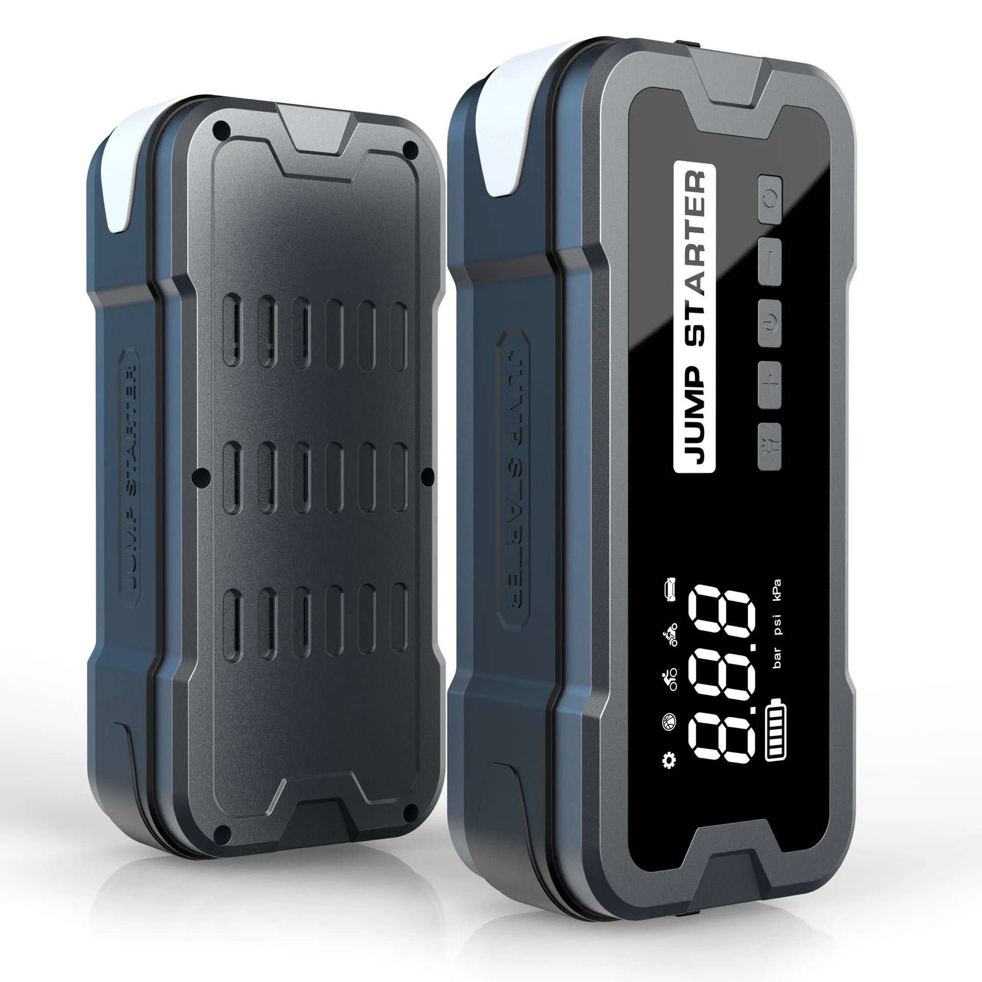 CY53 car emergency jump starter power bank unit with LCD display and LED lights.