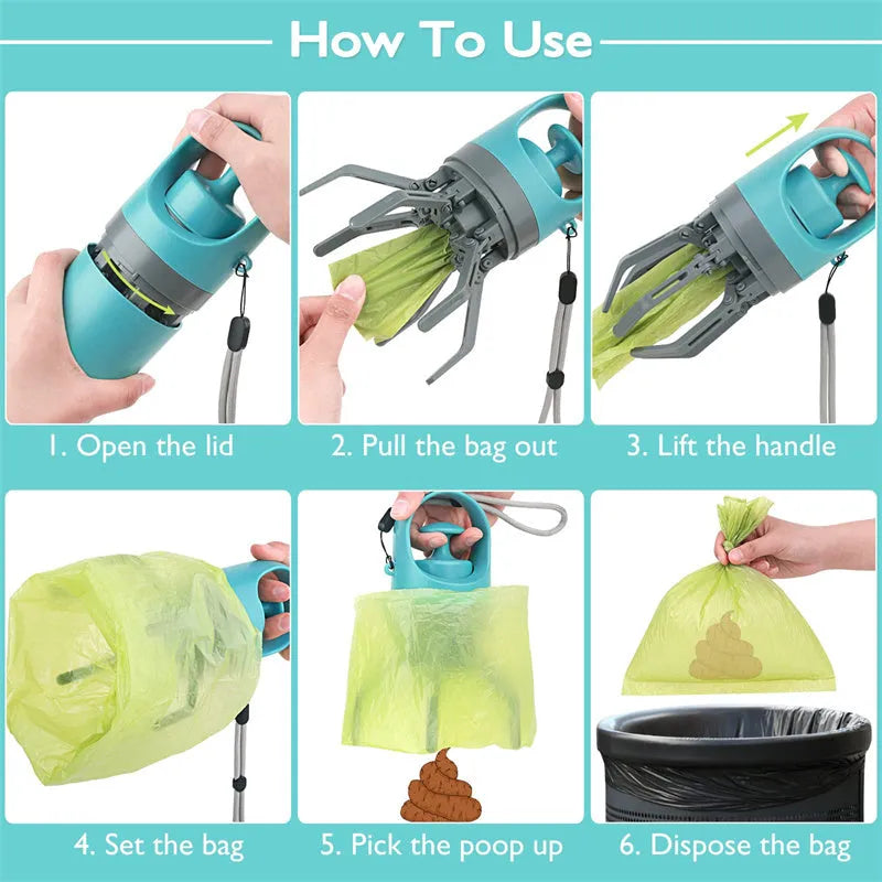 Blue plastic dog pooper scooper with eight-claw shovel and built-in bag dispenser