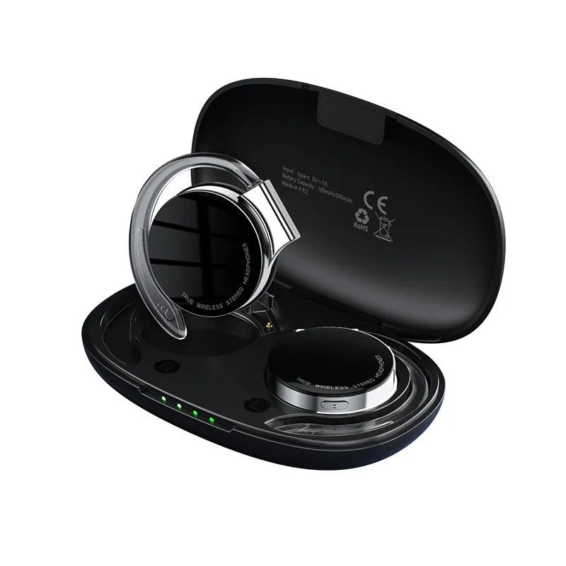 Black and white wireless Bluetooth sports earphones with in-ear plugs