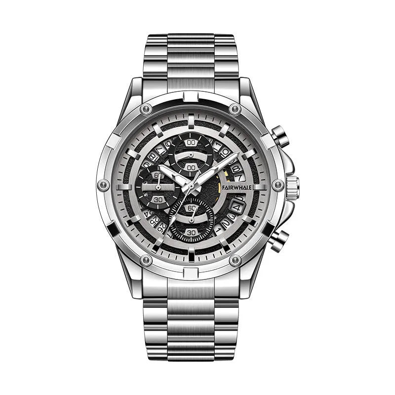 Men's waterproof luminous quartz watch with stainless steel band in black and blue colour option