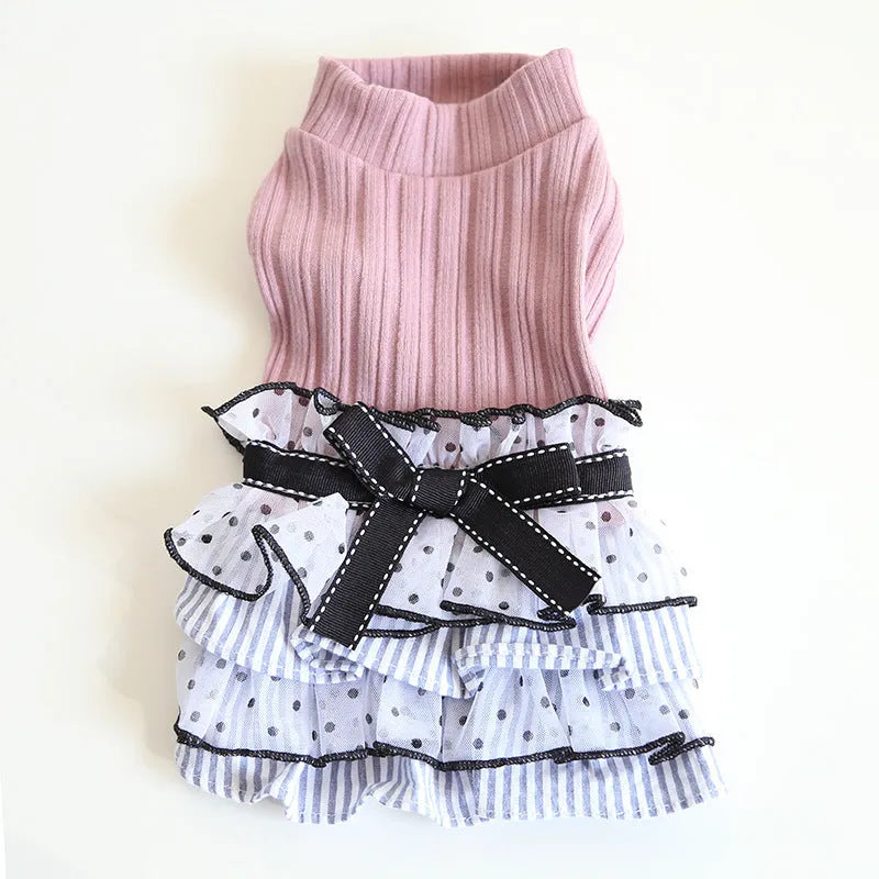 Polka dot and lace princess cake dress for a small dog or cat in taro purple, charcoal black, or iced coffee colour.