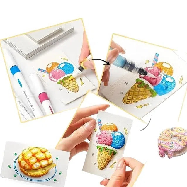 DIY brush set with foam grained paper, 12 marker pens, three fountain pens, beads, chain, and mini easel on a table