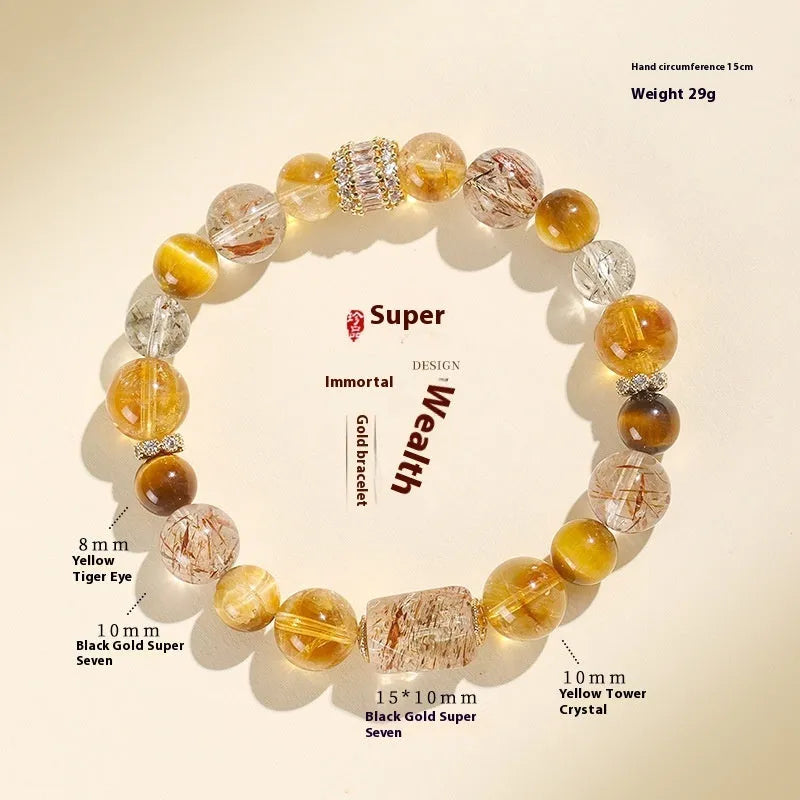 A women's bracelet featuring strands of natural Duobao crystal beads in a black and gold style.