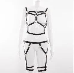 Women's black PU bondage and discipline underwear set with top and bottom pieces and bowknot handcuffs