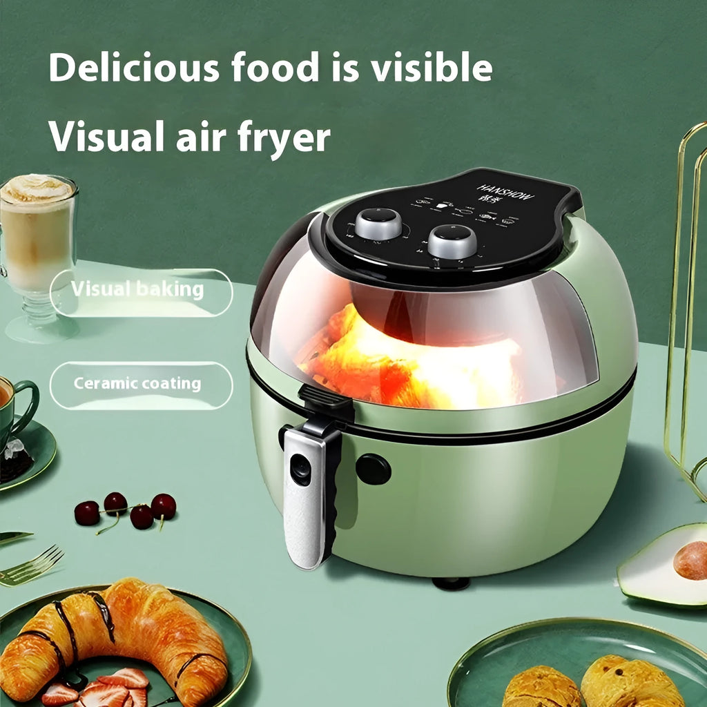 8-litre air fryer oven with mechanical buttons and viewing window on kitchen counter