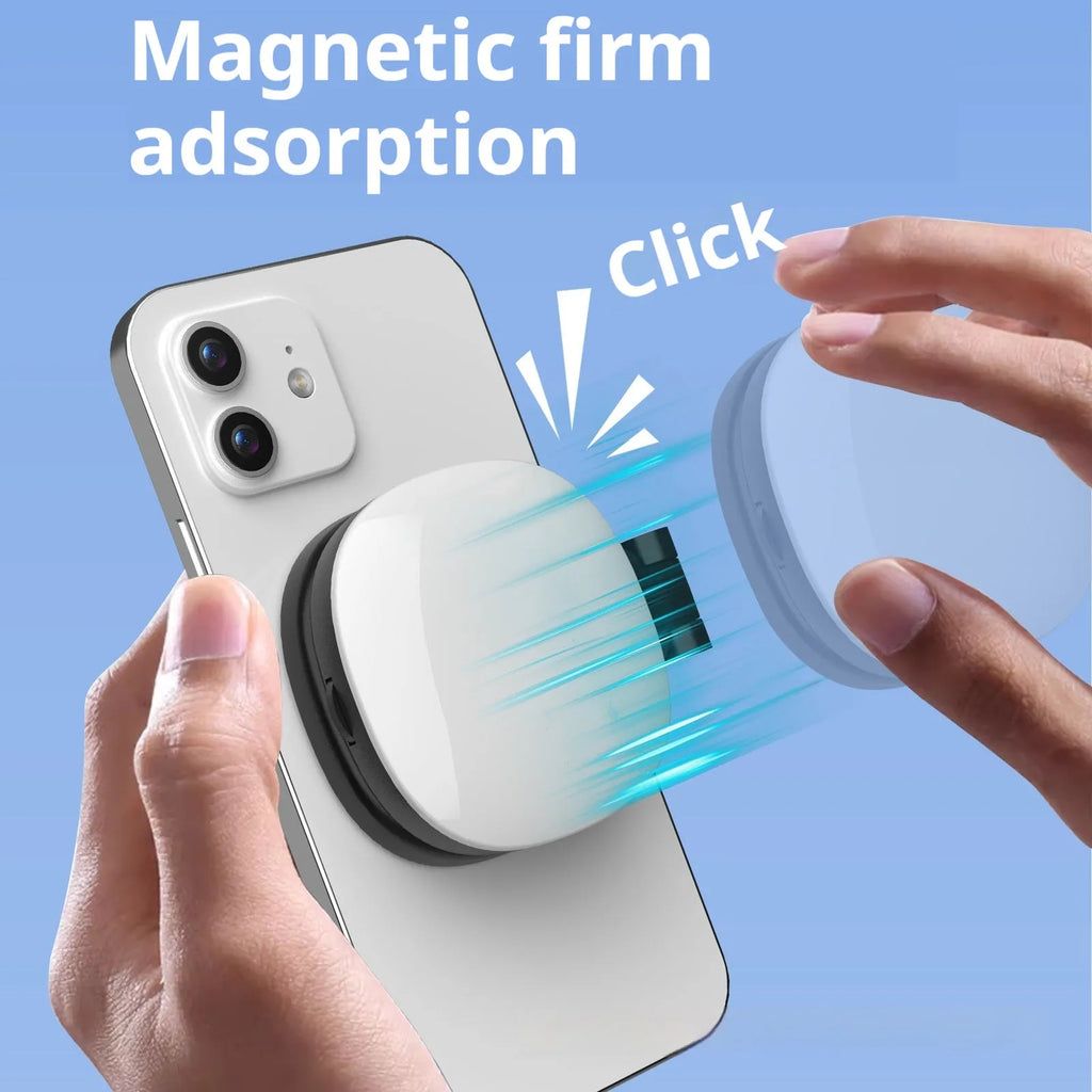 Mini mobile phone fill light with magnetic attachment showing black and white colour options
