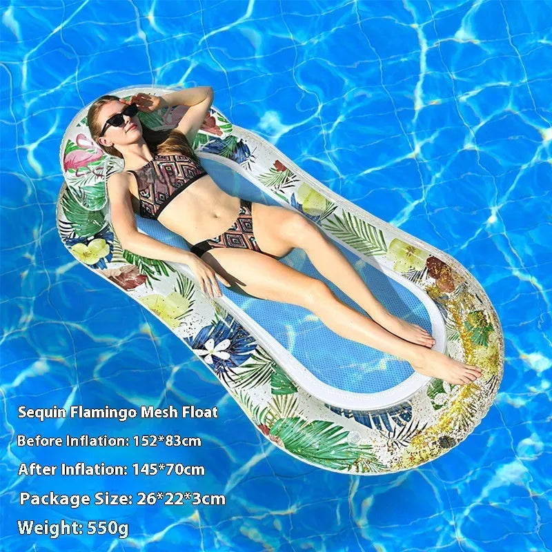 PVC inflatable floating row pool lounger in gradient blue-purple sequined design on water