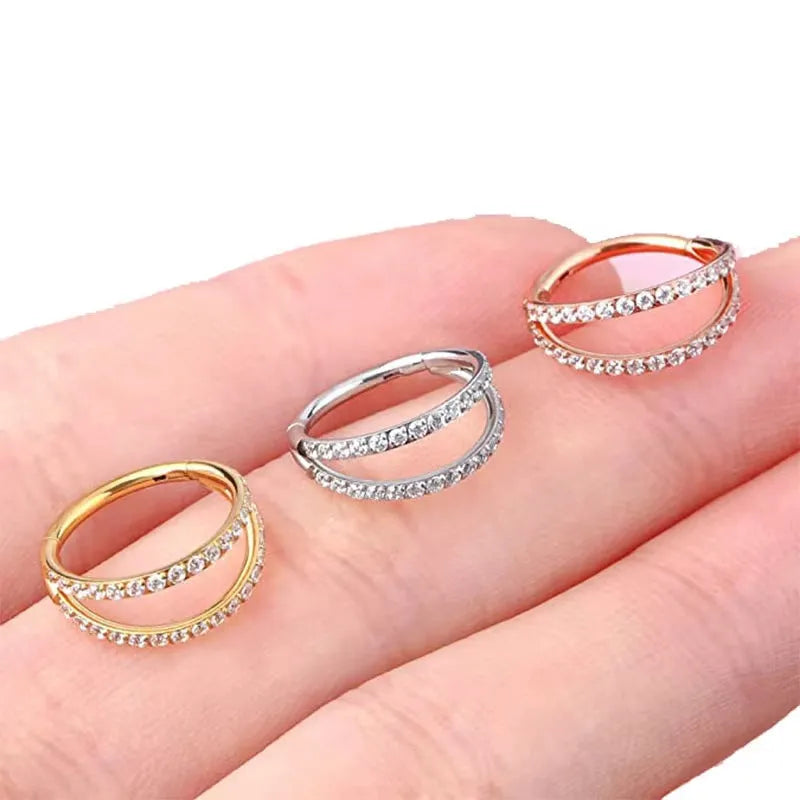 G23 titanium alloy lip ring and nose ring with diamond-cut finish in gold or steel colour.