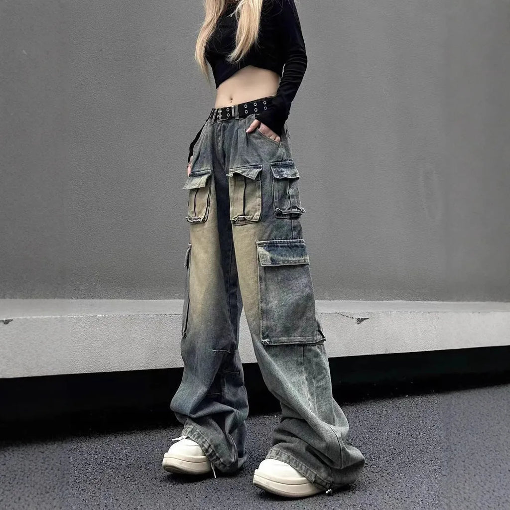 Men's loose fit distressed denim jeans with multiple pockets in light blue or black colours