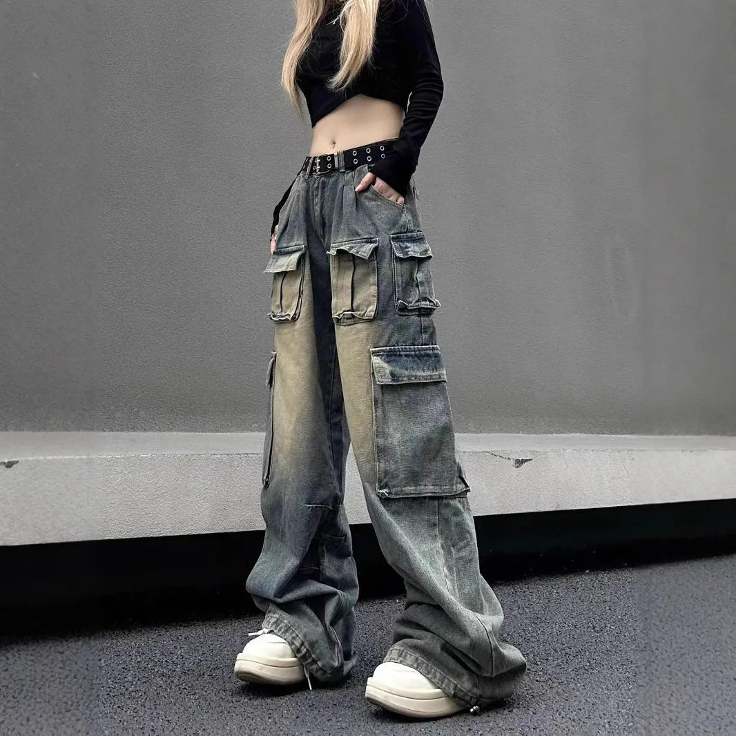 Men's loose fit distressed denim jeans with multiple pockets in light blue or black colours