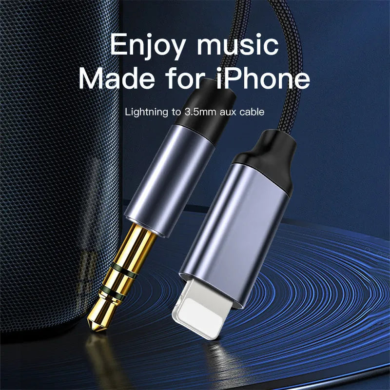 Silver and black headphone audio cable with 3.5mm jack for car stereo connection.