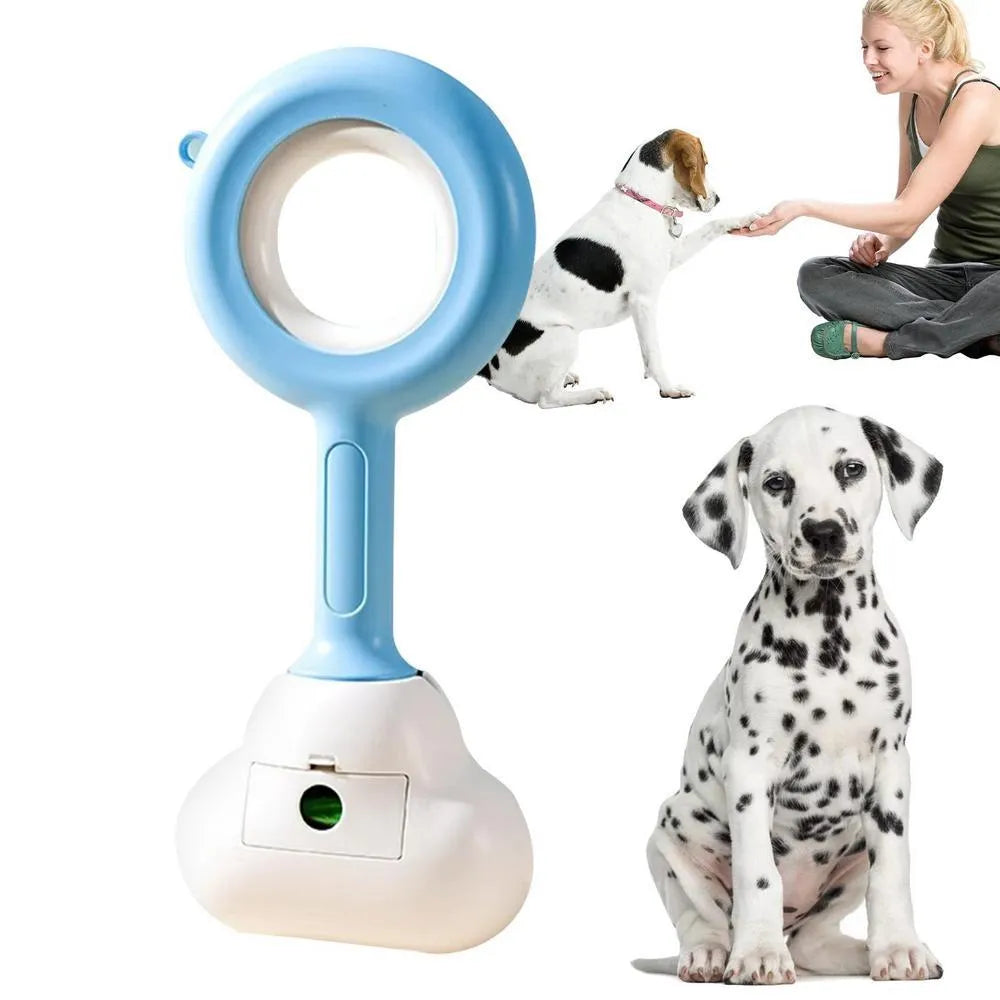 Blue and yellow ABS plastic dog pooper scooper with a cloud-shaped jaw on a white background.